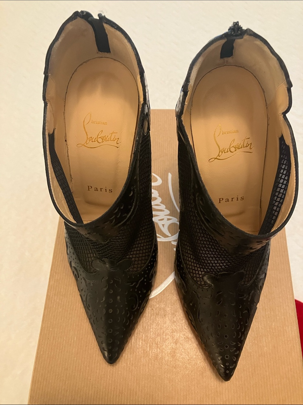 Christian Louboutin Black Laser-Cut Peep-Toe Stiletto Booties with Red Sole - Picture 2 of 10